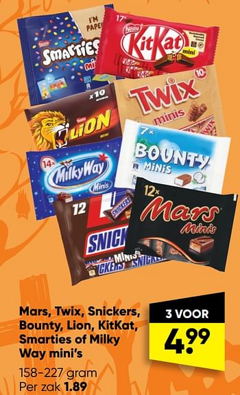 Aanbiedingen Mars twix snickers bounty lion kitkat smarties of milky way mini’s - Huismerk - Big Bazar - Geldig van 10/10/2022 tot 23/10/2022 bij Big Bazar