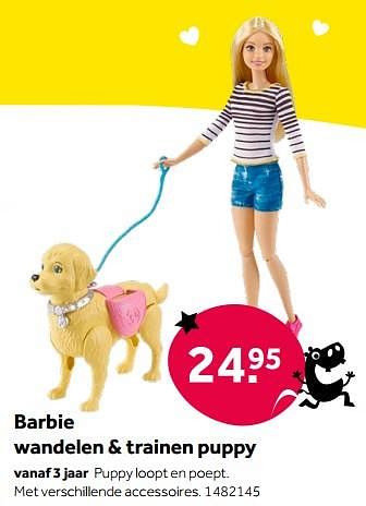 Aanbiedingen Barbie wandelen + trainen puppy - Mattel - Geldig van 01/10/2022 tot 05/12/2022 bij Intertoys