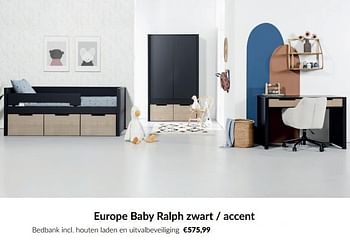 Aanbiedingen Europe baby ralph zwart - accent bedbank incl houten laden en uitvalbeveiliging - Europe baby - Geldig van 18/10/2022 tot 14/11/2022 bij Babypark