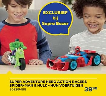 Aanbiedingen Super adventure hero action racers spider-man + hulk + hun voertuigen - Marvel - Geldig van 21/10/2022 tot 07/12/2022 bij Supra Bazar