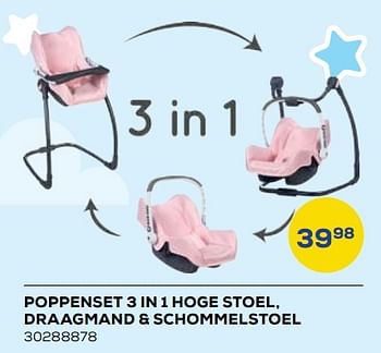 Aanbiedingen Poppenset 3 in 1 hoge stoel, draagmand + schommelstoel - Smoby - Geldig van 21/10/2022 tot 07/12/2022 bij Supra Bazar