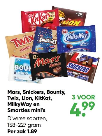 Aanbiedingen Mars snickers bounty twix lion kitkat milkyway en smarties mini`s - Huismerk - Big Bazar - Geldig van 24/10/2022 tot 06/11/2022 bij Big Bazar