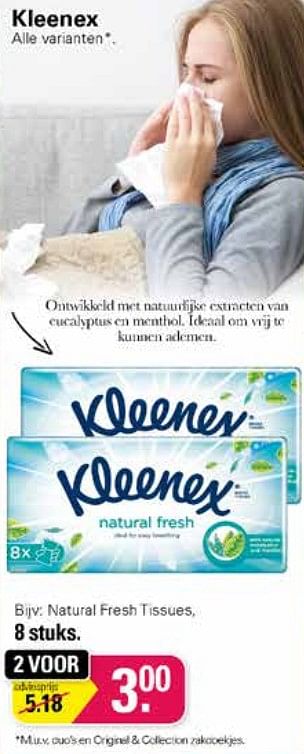 Aanbiedingen Natural fresh tisssues - Kleenex - Geldig van 19/10/2022 tot 06/11/2022 bij De Online Drogist