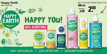 Aanbiedingen Pure hand soap cedar lime - Happy Earth - Geldig van 09/11/2022 tot 03/12/2022 bij De Online Drogist