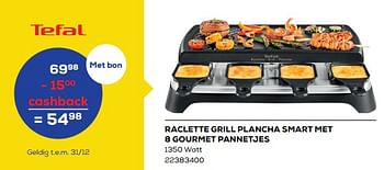 Aanbiedingen Tefal raclette grill plancha smart met 8 gourmet pannetjes - Tefal - Geldig van 26/11/2022 tot 06/01/2023 bij Supra Bazar