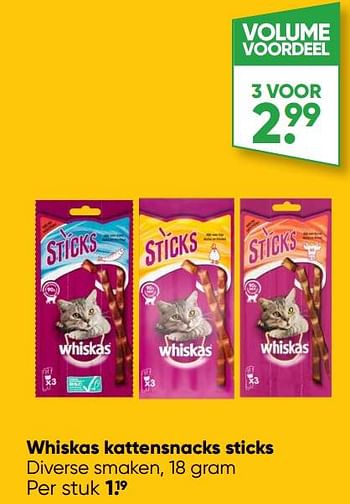 Aanbiedingen Whiskas kattensnacks sticks - Whiskas - Geldig van 05/12/2022 tot 18/12/2022 bij Big Bazar
