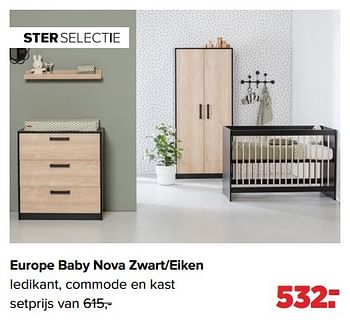Aanbiedingen Europe baby nova zwart-eiken ledikant, commode en kast - Europe baby - Geldig van 05/12/2022 tot 31/12/2022 bij Baby-Dump