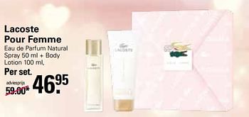 Aanbiedingen Lacoste pour femme eau de parfum natural spray + body lotion - Lacoste - Geldig van 30/11/2022 tot 24/12/2022 bij De Online Drogist