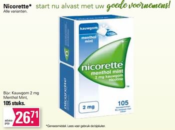 Aanbiedingen Kauwgom menthol mint - Nicorette - Geldig van 30/11/2022 tot 24/12/2022 bij De Online Drogist