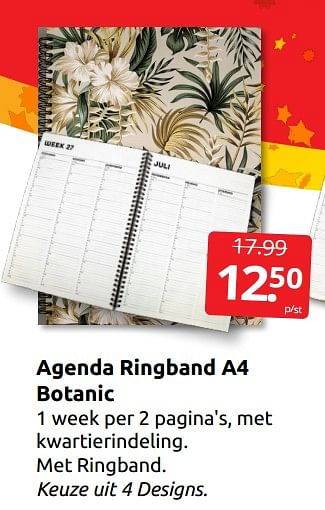 Aanbiedingen Agenda ringband a4 botanic - Huismerk - Boekenvoordeel - Geldig van 17/12/2022 tot 26/12/2022 bij Boekenvoordeel