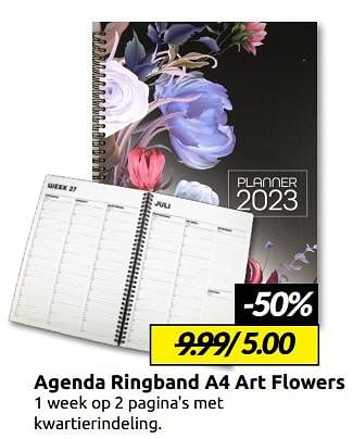 Aanbiedingen Agenda ringband a4 art flowers - Huismerk - Boekenvoordeel - Geldig van 07/01/2023 tot 15/01/2023 bij Boekenvoordeel