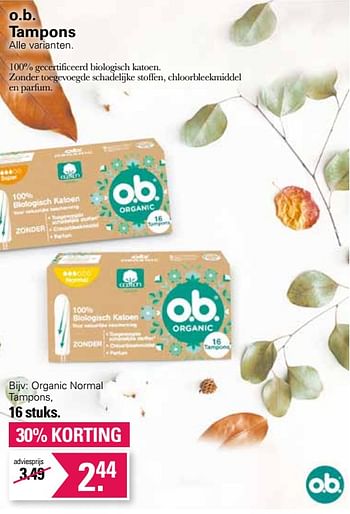 Aanbiedingen Organic normal tampons - OB - Geldig van 11/01/2023 tot 28/01/2023 bij De Online Drogist