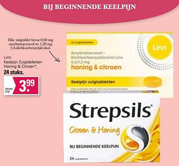 Aanbiedingen Linn keelpijn zuigtabletten honing + citroen - Strepsils - Geldig van 11/01/2023 tot 28/01/2023 bij De Online Drogist