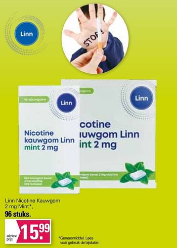 Aanbiedingen Linn nicotine kauwgom 2 mg mint - Linn - Geldig van 11/01/2023 tot 28/01/2023 bij De Online Drogist