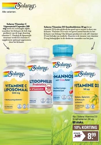 Aanbiedingen Solaray vitamine d3 smelttabletten - Solaray - Geldig van 11/01/2023 tot 28/01/2023 bij De Online Drogist