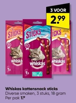 Aanbiedingen Whiskas kattensnack sticks - Whiskas - Geldig van 16/01/2023 tot 29/01/2023 bij Big Bazar