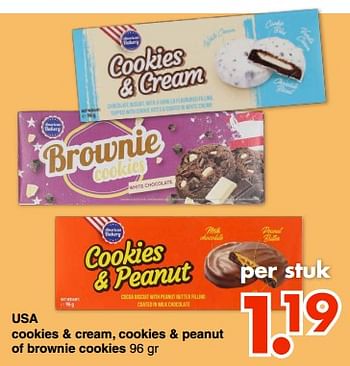 Aanbiedingen Usa cookies + cream, cookies + peanut of brownie cookies - American Bakery - Geldig van 16/01/2023 tot 29/01/2023 bij Wibra
