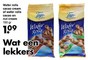 Aanbiedingen Wafer rolls cacao cream of wafer rolls cacao en nut cream - Tago - Geldig van 16/01/2023 tot 29/01/2023 bij Wibra