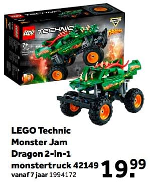 Aanbiedingen Lego technic monster jam dragon 2-in-1 monstertruck 42149 - Lego - Geldig van 01/02/2023 tot 28/02/2023 bij Intertoys