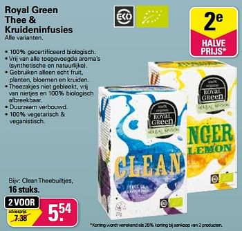 Aanbiedingen Clean theebuiltjes - Royal Green - Geldig van 01/02/2023 tot 18/02/2023 bij De Online Drogist