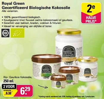 Aanbiedingen Royal green gecertificeerd biologische kokosolie - Royal Green - Geldig van 01/02/2023 tot 18/02/2023 bij De Online Drogist