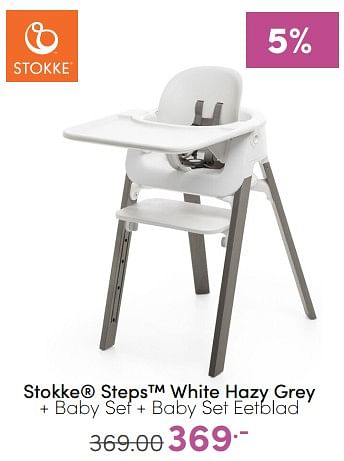 Aanbiedingen Stokke steps white hazy grey + baby set + baby set eetblad - Stokke - Geldig van 05/02/2023 tot 11/02/2023 bij Baby & Tiener Megastore