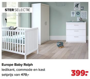 Aanbiedingen Europe baby ralph ledikant, commode en kast - Europe baby - Geldig van 06/02/2023 tot 04/03/2023 bij Baby-Dump