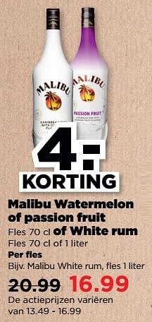 Aanbiedingen Malibu white rum - Malibu - Geldig van 19/02/2023 tot 25/02/2023 bij Plus