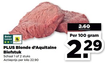 Aanbiedingen Plus blonde d’aquitaine biefstuk - Huismerk - Plus - Geldig van 19/02/2023 tot 25/02/2023 bij Plus