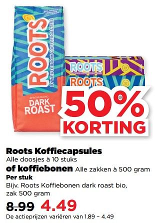 Aanbiedingen Roots koffiebonen dark roast bio - Roots - Geldig van 19/02/2023 tot 25/02/2023 bij Plus