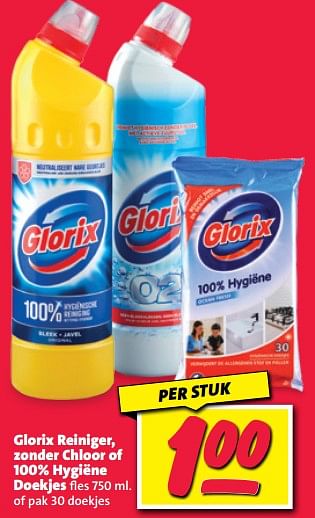 Aanbiedingen Glorix reiniger, zonder chloor of 100% hygiëne doekjes - Glorix - Geldig van 20/02/2023 tot 26/02/2023 bij Nettorama