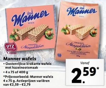 Aanbiedingen Manner wafels - Huismerk - Lidl - Geldig van 20/02/2023 tot 26/02/2023 bij Lidl