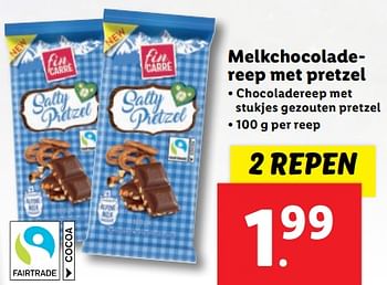 Aanbiedingen Melkchocoladereep met pretzel - Fin Carré - Geldig van 20/02/2023 tot 26/02/2023 bij Lidl