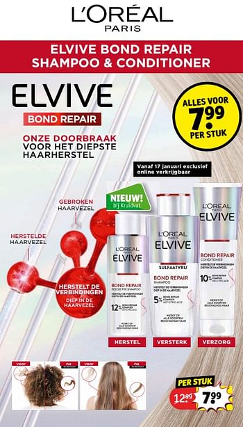 Aanbiedingen Elvive bond repair shampoo + conditioner - L'Oreal Paris - Geldig van 21/02/2023 tot 26/02/2023 bij Kruidvat