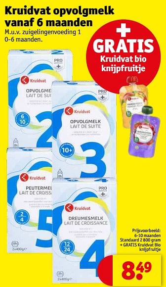 Aanbiedingen Kruidvat opvolgmelk 6-10 maanden standaard + gratis kruidvat bio knijpfruitje - Huismerk - Kruidvat - Geldig van 21/02/2023 tot 26/02/2023 bij Kruidvat