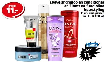 Aanbiedingen Elvive shampoo en conditioner en elnett en studioline haarstyling - L'Oreal Paris - Geldig van 21/02/2023 tot 05/03/2023 bij Trekpleister