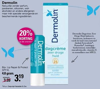Aanbiedingen Lip repair + protect spf10 - Dermolin - Geldig van 20/02/2023 tot 11/03/2023 bij De Online Drogist