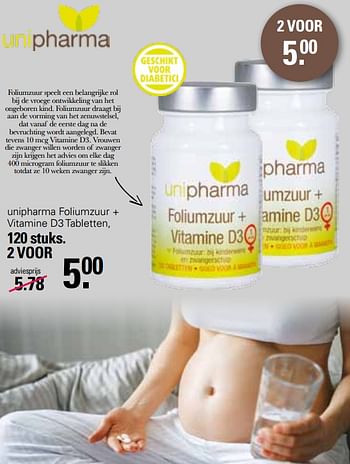 Aanbiedingen Unipharma foliumzuur + vitamine d3 tabletten - Unipharma - Geldig van 20/02/2023 tot 11/03/2023 bij De Online Drogist