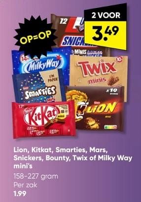 Aanbiedingen Lion kitkat smarties mars snickers bounty twix of milky way mini`s - Huismerk - Big Bazar - Geldig van 27/02/2023 tot 12/03/2023 bij Big Bazar