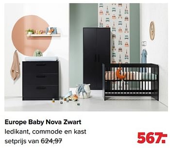 Aanbiedingen Europe baby nova zwart ledikant, commode en kast - Europe baby - Geldig van 06/03/2023 tot 01/04/2023 bij Baby-Dump