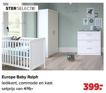 Aanbiedingen Europe baby ralph ledikant, commode en kast - Europe baby - Geldig van 06/03/2023 tot 01/04/2023 bij Baby-Dump