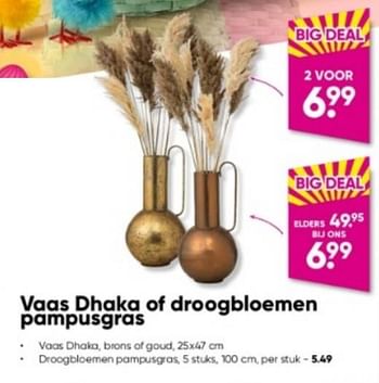 Aanbiedingen Vaas dhaka of droogbloemen pampusgras - Huismerk - Big Bazar - Geldig van 13/03/2023 tot 26/03/2023 bij Big Bazar