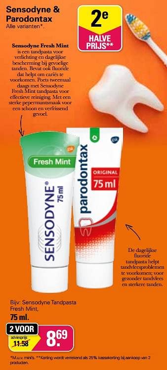 Aanbiedingen Sensodyne tandpasta fresh mint - Sensodyne - Geldig van 15/03/2023 tot 01/04/2023 bij De Online Drogist