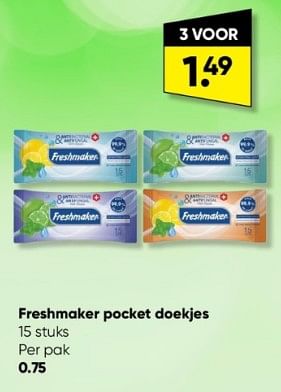Aanbiedingen Freshmaker pocket doekjes - Freshmaker - Geldig van 27/03/2023 tot 09/04/2023 bij Big Bazar