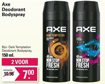 Aanbiedingen Dark temptation deodorant bodyspray - Axe - Geldig van 05/04/2023 tot 22/05/2023 bij De Online Drogist