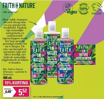 Aanbiedingen Faith in nature shampoo - lavender + geranium - Faith in Nature  - Geldig van 05/04/2023 tot 22/05/2023 bij De Online Drogist