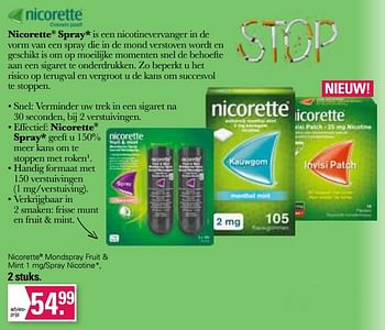 Aanbiedingen Nicorette mondspray fruit + mint 1 mg-spray nicotine - Nicorette - Geldig van 05/04/2023 tot 22/05/2023 bij De Online Drogist