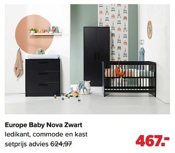 Aanbiedingen Europe baby nova zwart ledikant, commode en kast - Europe baby - Geldig van 03/04/2023 tot 29/04/2023 bij Baby-Dump