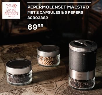 Aanbiedingen Pepermolenset maestro met 2 capsules + 3 pepers - Peugeot - Geldig van 21/04/2023 tot 19/05/2023 bij Supra Bazar