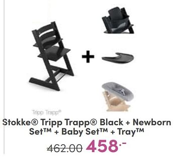 Aanbiedingen Stokke tripp trapp black + newborn set + baby set + tray - Stokke - Geldig van 23/04/2023 tot 29/04/2023 bij Baby & Tiener Megastore